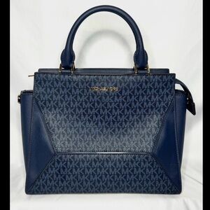 Michael Kors Navy MK Logo Satchel with Gold-Tone Hardware